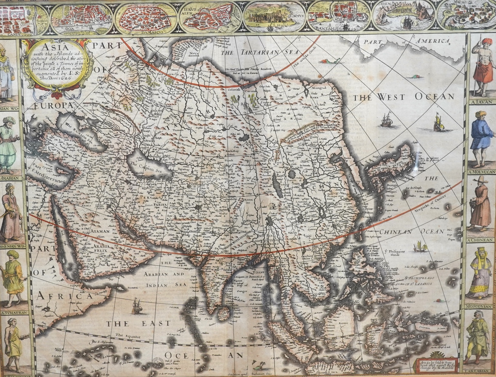 John Speed (1552-1629), Asia, with the Islands adjoining described, the attire of the people and towns of importance, hand coloured engraved map, sold by George Humble, text verso, 39 x 51cm